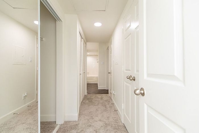Bright, inviting hallway with plush carpeting and modern white doors leading to a cozy bathroom.