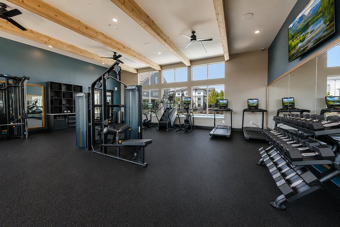 Modern fitness center with sleek equipment, large windows offering natural light, and a scenic outdoor view.