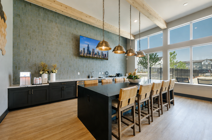 Modern communal kitchen with chic pendant lighting, sleek countertops, and stylish seating, featuring large windows with scenic views.