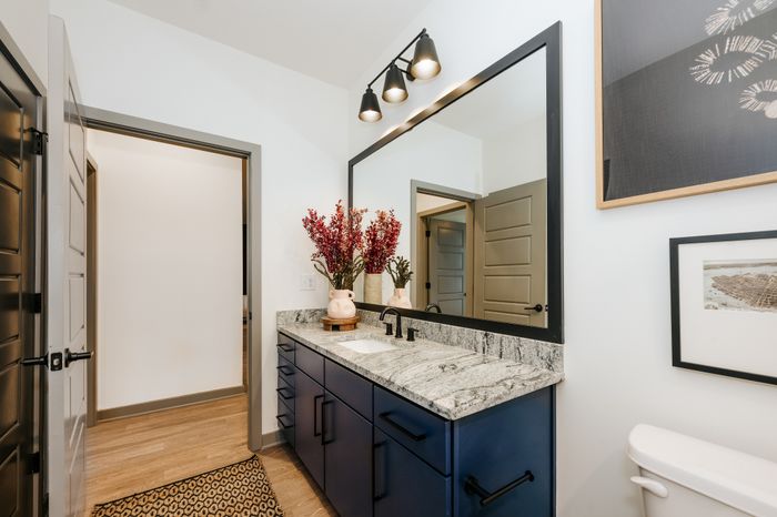 Chic bathroom featuring a sleek granite countertop with modern blue cabinetry, accented by elegant lighting and vibrant red floral decor.