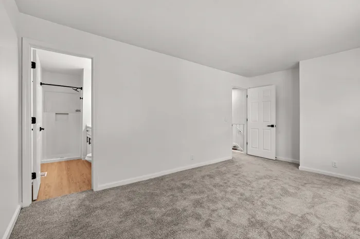 Bright and inviting room with plush carpet, featuring a doorway to a modern bathroom and a hallway entrance.