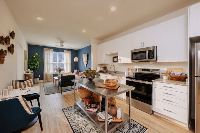 Modern apartment kitchen and cozy living area with stylish decor, white cabinetry, and a central island, offering a spacious and inviting ambiance.