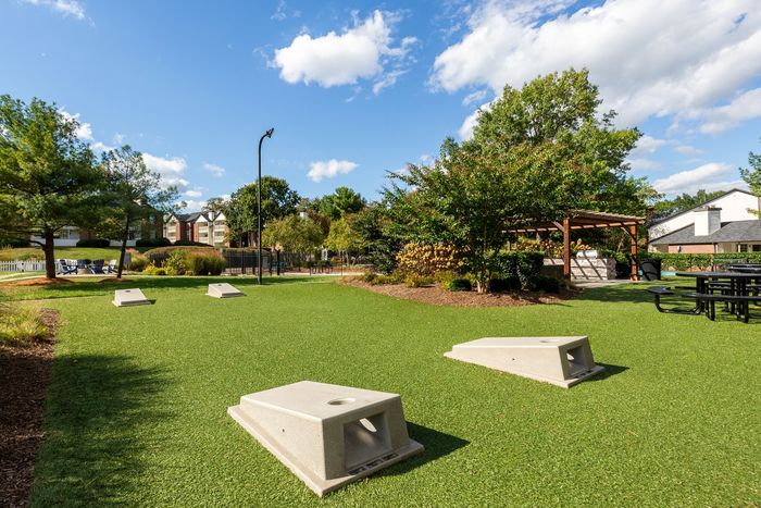 Charming outdoor recreation area with cornhole game, lush greenery, and a cozy pergola, perfect for relaxation and social gatherings.