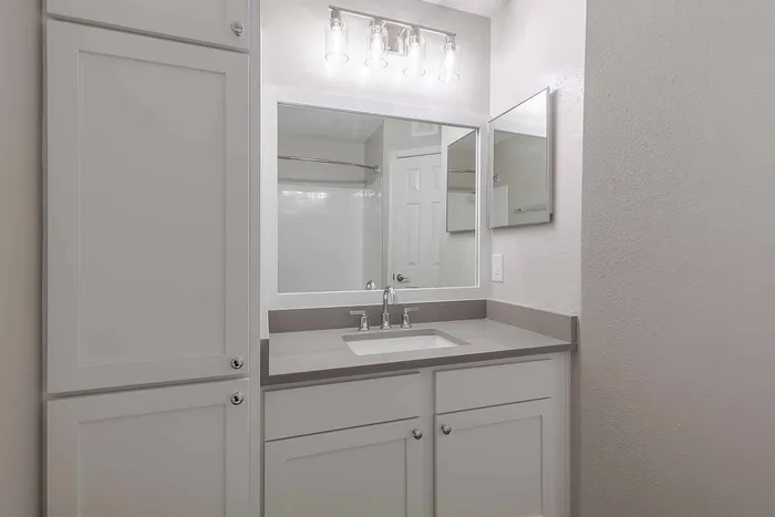 Sleek and modern bathroom vanity with ample storage, elegant lighting, and a large mirror for a refined look.