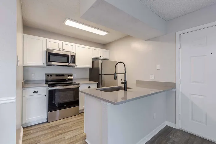 Modern kitchen with sleek appliances, granite countertops, and stylish cabinetry, perfect for culinary enthusiasts.