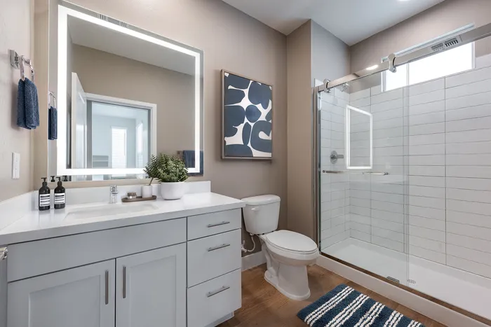 Modern bathroom with sleek vanity, illuminated mirror, glass shower enclosure, and tasteful decor.
