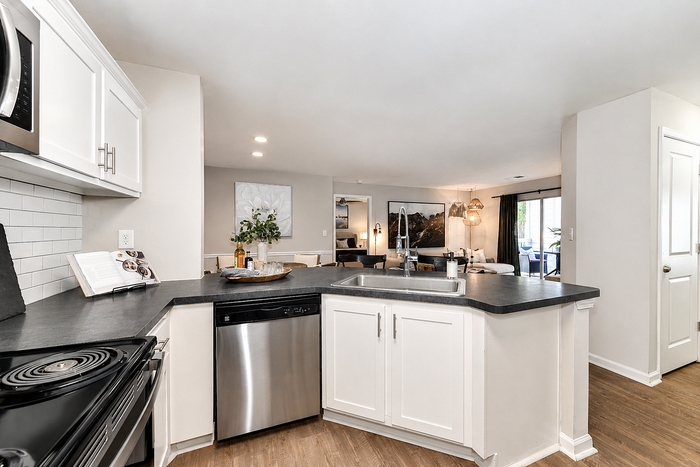 Modern kitchen with sleek stainless steel appliances, elegant countertops, and a view into a cozy open-concept living area illuminated by natural light.