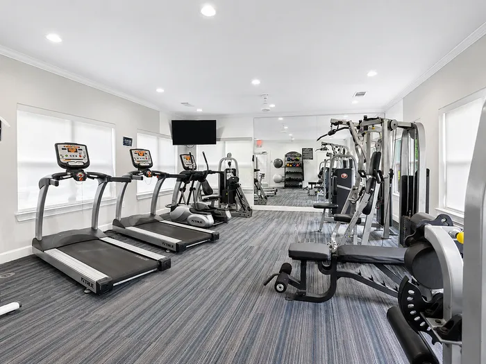 Bright and modern fitness center with state-of-the-art treadmills, strength training equipment, and sleek mirrored walls.
