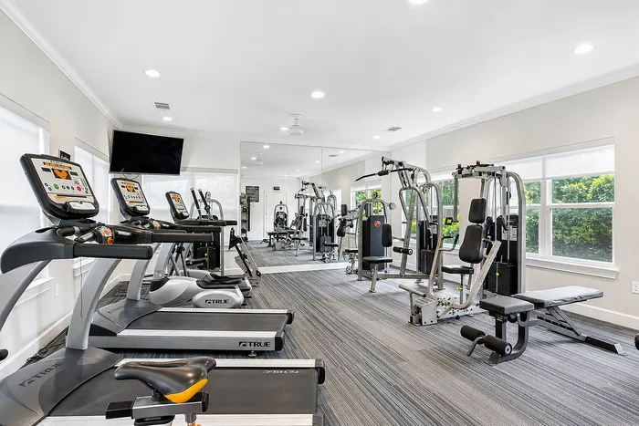 Spacious, well-lit gym with modern exercise equipment, featuring treadmills, strength machines, and pristine windows overlooking lush greenery.
