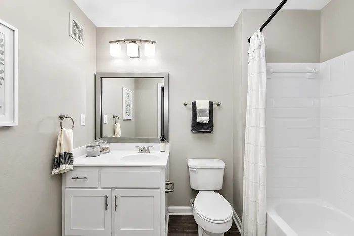 Elegant bathroom with modern fixtures, featuring a pristine white vanity, spacious mirror, and a clean bathtub with stylish accents.