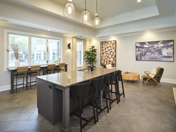 Contemporary communal area with a sleek kitchen island, modern bar stools, and large windows offering natural light.