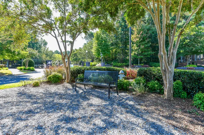 Charming outdoor seating area with a sleek bench under lush trees, surrounded by vibrant greenery in a tranquil apartment community.