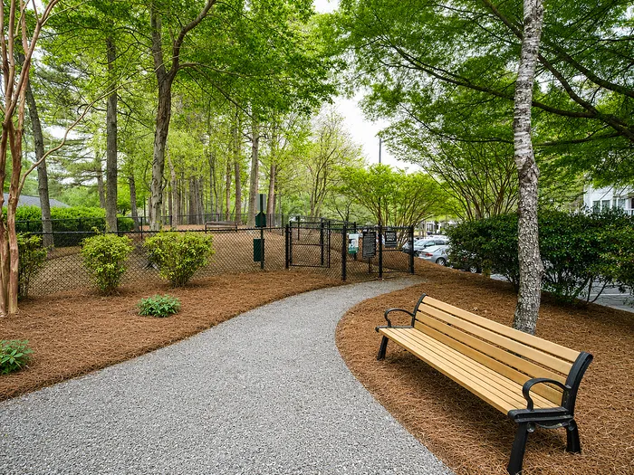 Charming outdoor area with lush green trees, a gravel path, and inviting bench seating, perfect for relaxation and enjoyment.