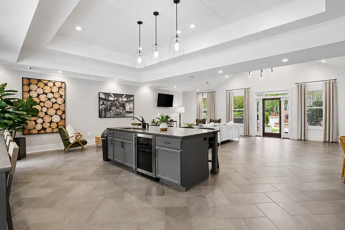 Luxurious open-concept living space featuring a modern kitchen island, chic decor, and abundant natural light from large windows.