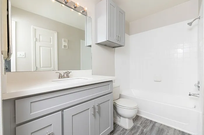 Bright and modern bathroom featuring a sleek vanity with stylish gray cabinets, a large mirror, and elegant light fixtures.