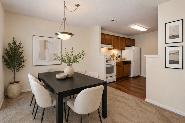 Chic dining area with modern decor, elegant lighting, and a stylish kitchen featuring wooden cabinetry and contemporary appliances.