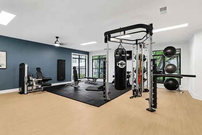 Modern fitness center with state-of-the-art gym equipment, including a punching bag, weight machines, and exercise balls, all in a spacious and bright setting.