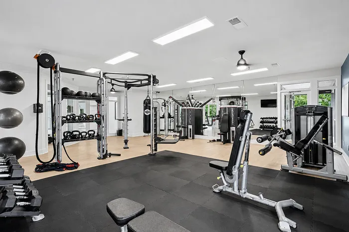 Modern fitness center with state-of-the-art equipment, mirrored walls, and abundant natural light.