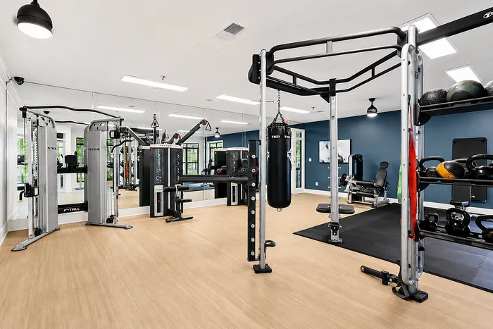 Modern apartment fitness center featuring state-of-the-art exercise equipment, sleek wood flooring, and bright lighting.