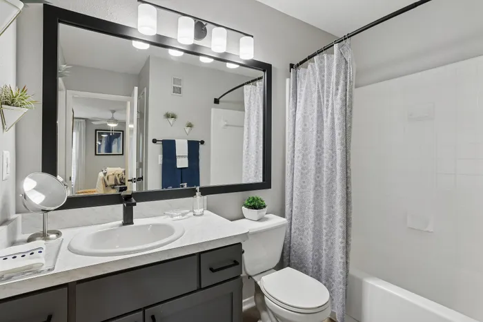 Elegant bathroom featuring a modern sink with marble countertop, large mirror, and stylish decor.