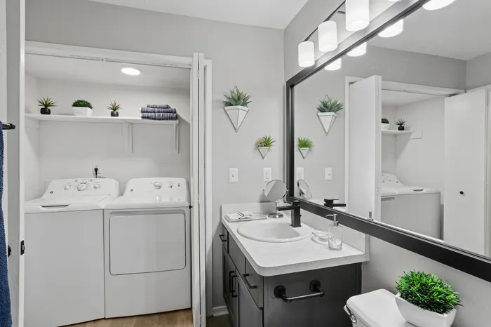 Modern bathroom with integrated laundry area, featuring a stylish sink, contemporary lighting, and chic decor.