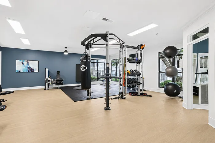 Modern and well-equipped apartment gym featuring a punching bag, workout machines, and ample exercise space with natural light.