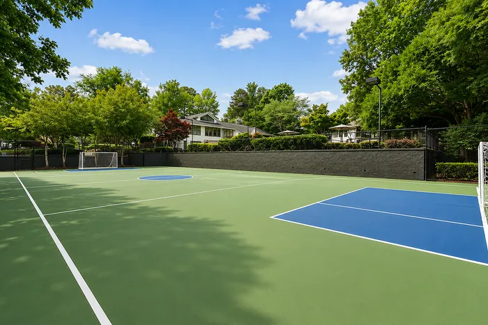 Vibrant outdoor sports court surrounded by lush greenery, perfect for recreation and relaxation.