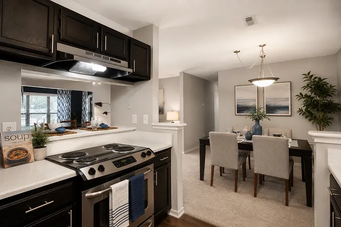 Contemporary kitchen with sleek dark cabinets, stainless steel appliances, and an elegant dining area featuring stylish lighting and chic decor.
