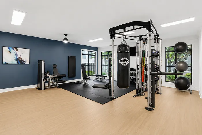 Modern fitness center with state-of-the-art equipment, bright natural lighting, and sleek hardwood floors for an optimal workout experience.