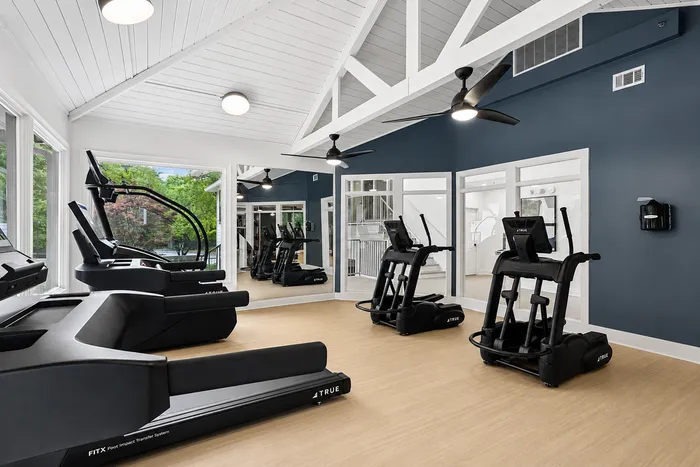 Modern fitness center with state-of-the-art treadmills and ellipticals, featuring stylish white vaulted ceilings and large windows for natural light.