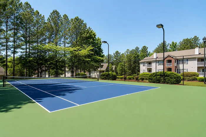 Inviting tennis court nestled amidst lush greenery and modern apartment buildings, perfect for active living.