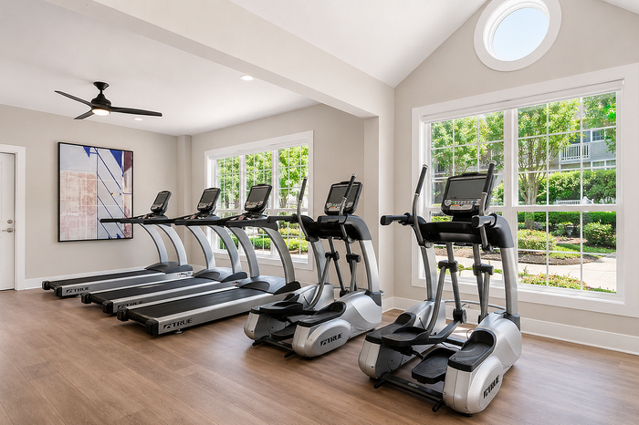 Bright and modern fitness room featuring state-of-the-art treadmills and elliptical machines by large sunlit windows, offering a refreshing workout experience.