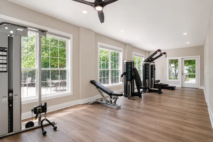 Bright and modern gym space with sleek exercise equipment, large windows, and wood flooring, offering a refreshing workout environment.