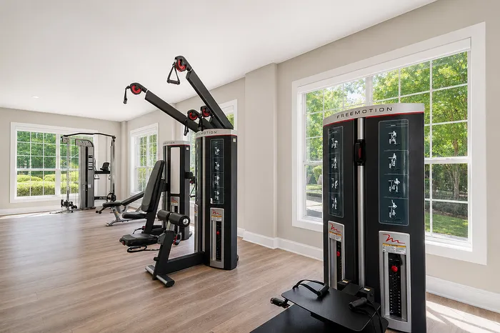 Bright and inviting fitness room featuring modern equipment and large windows overlooking lush greenery.