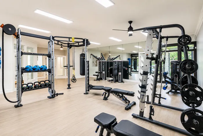 Modern fitness center equipped with state-of-the-art exercise machines, free weights, and floor-to-ceiling mirrors for an enhanced workout experience.