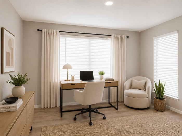 Bright home office with elegant decor, featuring a wooden desk with a computer, plush seating, and natural light flooding in through large windows.