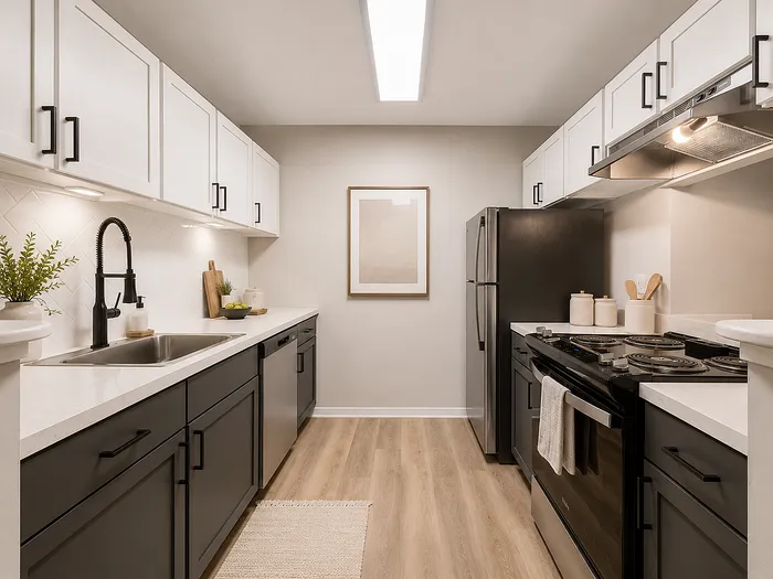 Modern U-shaped kitchen with sleek black and white cabinetry, stainless steel appliances, and elegant lighting, offering a sophisticated culinary space.