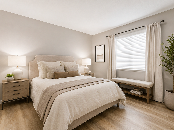 Elegant bedroom with modern decor, featuring a plush bed, stylish nightstands, and abundant natural light from large windows.