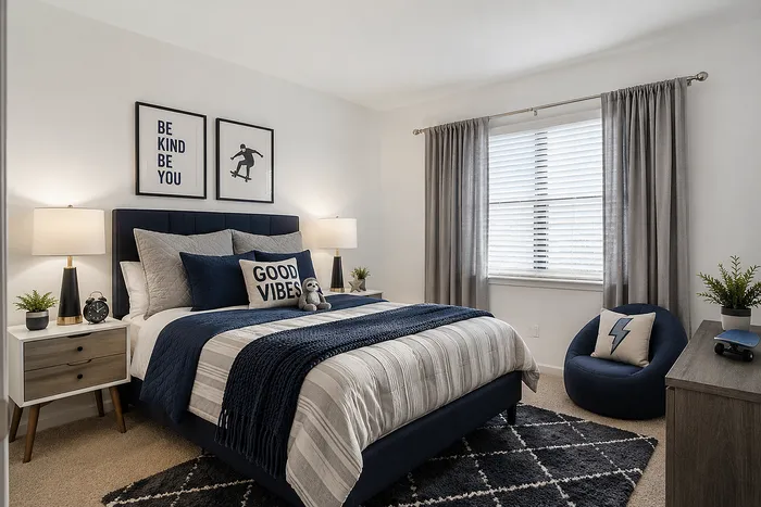Inviting bedroom with modern decor, featuring a cozy bed with navy accents, stylish artwork, and ample natural light from a large window.