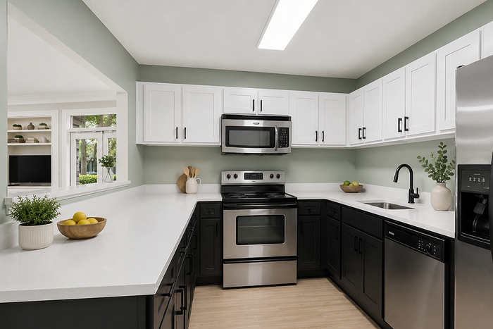 Modern kitchen with sleek stainless steel appliances, elegant black and white cabinetry, and stylish decor.