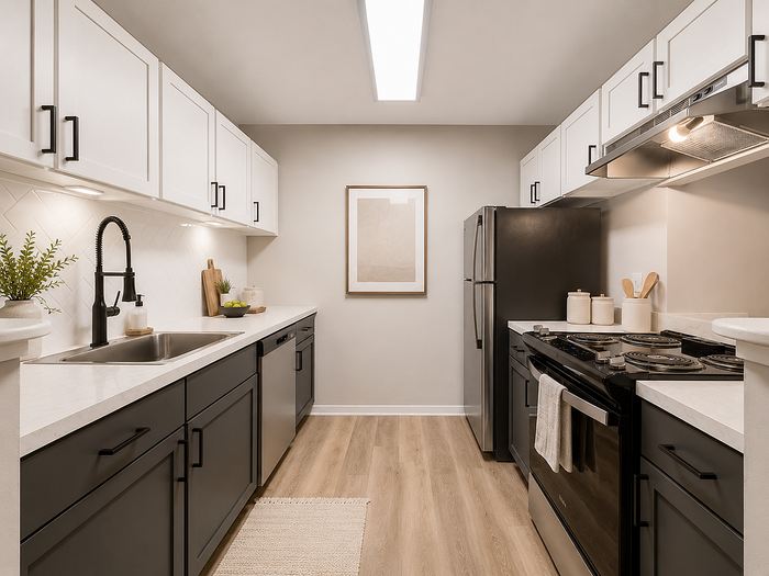 Modern kitchen boasting sleek cabinetry, stainless steel appliances, and elegant countertops, perfect for culinary enthusiasts.