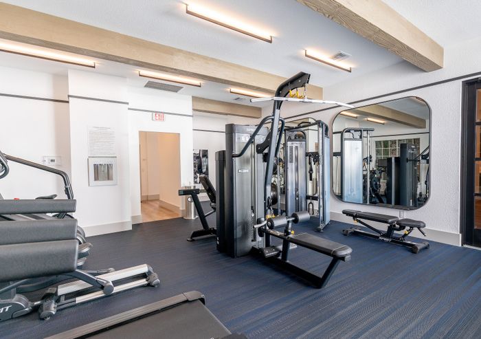 Modern fitness center with state-of-the-art exercise equipment, mirrors, and natural lighting.