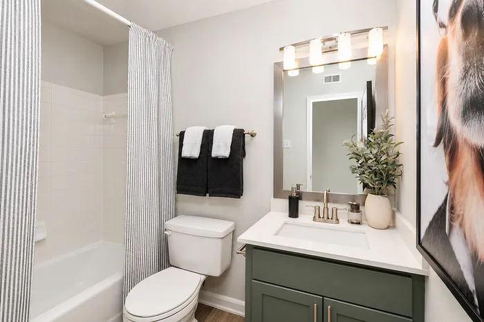 Modern apartment bathroom with vanity at Avana Cumberland in Atlanta, GA.