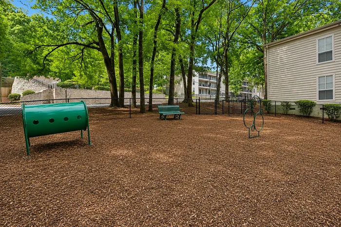 Charming outdoor dog park with playful equipment and lush green trees at Avana Cumberland pet-friendly community.