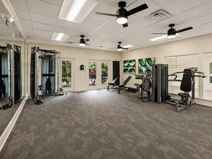 State-of-the-art fitness center with high-end gym equipment, mirrored walls, and natural light at Avana Cumberland.