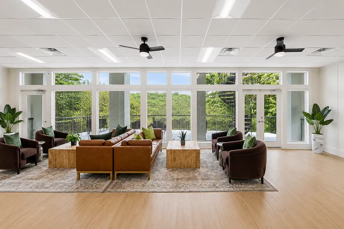 Spacious and elegant living room with a luxurious leather sofa, modern decor, and expansive windows overlooking lush greenery.
