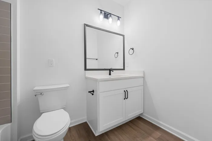 Contemporary bathroom featuring a sleek vanity, large mirror, and elegant lighting, complemented by warm wood flooring.