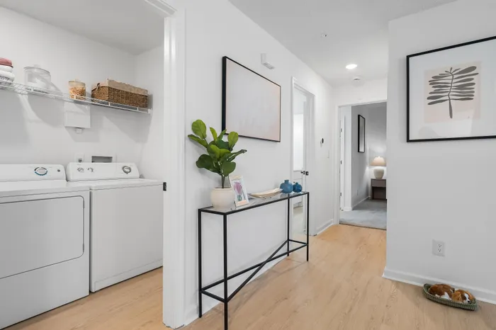 Bright hallway with modern laundry area, stylish decor, and cozy ambiance.