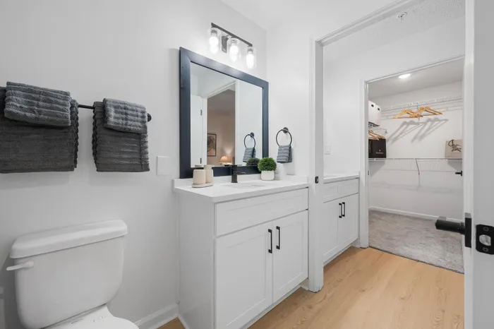 Modern bathroom with sleek white fixtures, stylish vanity, and an adjacent spacious walk-in closet.