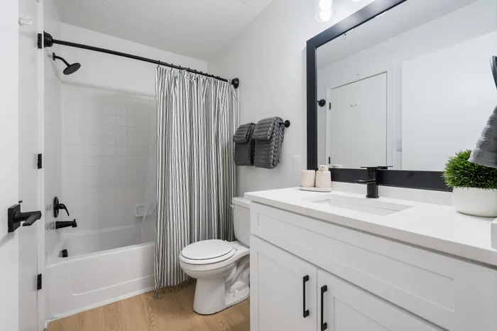 Modern bathroom with sleek black fixtures, elegant striped shower curtain, and stylish vanity with large mirror.